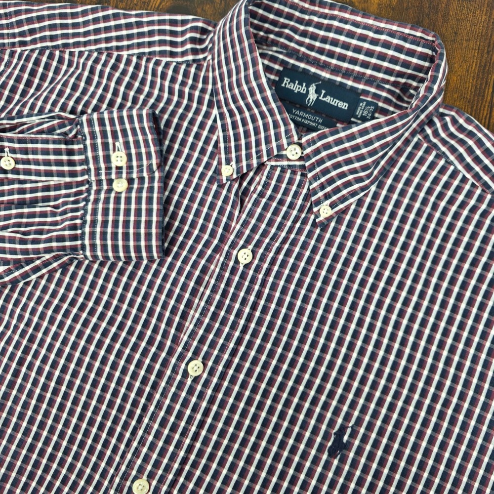 Ralph Lauren Yarmouth Button Down Shirt Mens 16.5‎ 34/35 Navy Burgundy Oxford